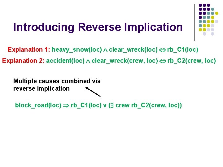 Introducing Reverse Implication Explanation 1: heavy_snow(loc) clear_wreck(loc) rb_C 1(loc) Explanation 2: accident(loc) clear_wreck(crew, loc)