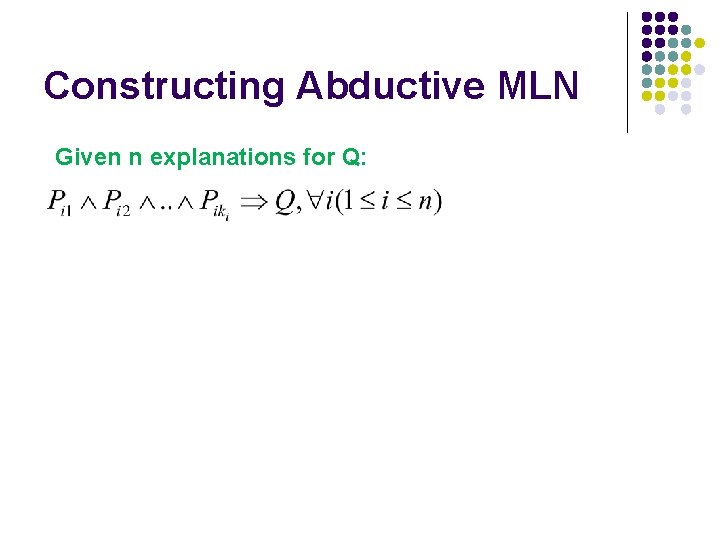 Constructing Abductive MLN Given n explanations for Q: 