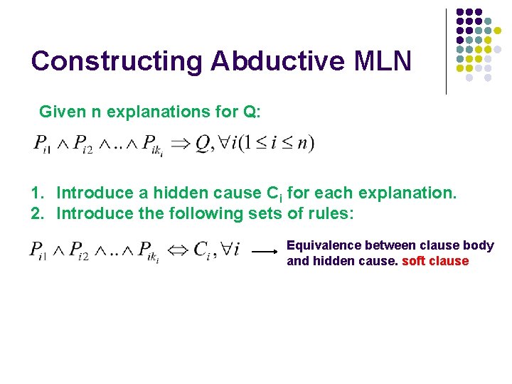 Constructing Abductive MLN Given n explanations for Q: 1. Introduce a hidden cause Ci