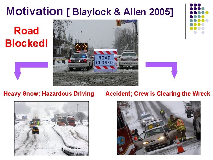 Motivation [ Blaylock & Allen 2005] Road Blocked! Heavy Snow; Hazardous Driving Accident; Crew