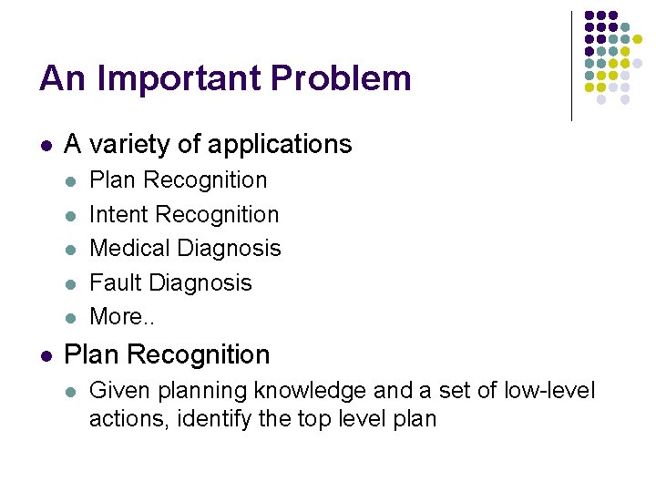 An Important Problem l A variety of applications l l l Plan Recognition Intent