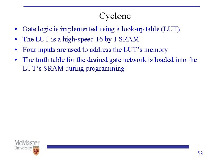 Cyclone • • Gate logic is implemented using a look-up table (LUT) The LUT