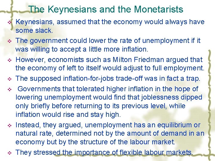 The Keynesians and the Monetarists v v v v Keynesians, assumed that the economy