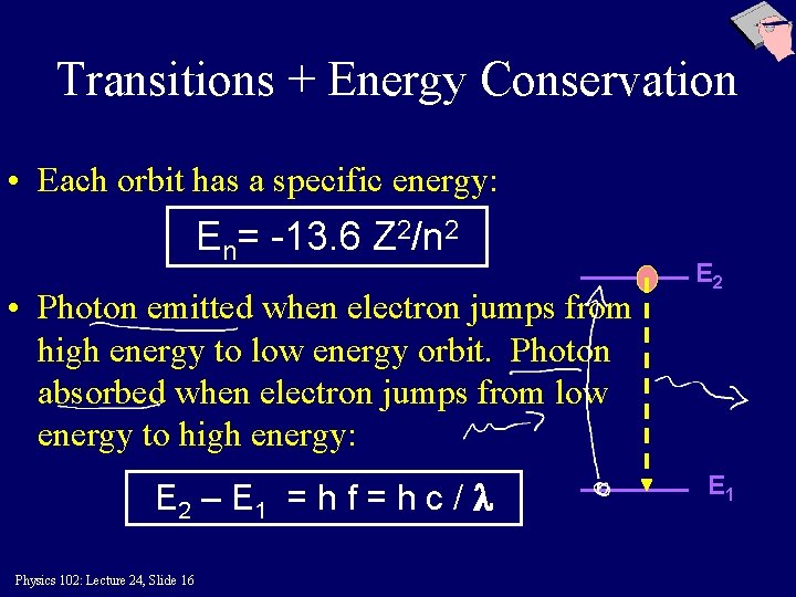 Transitions + Energy Conservation • Each orbit has a specific energy: En= -13. 6