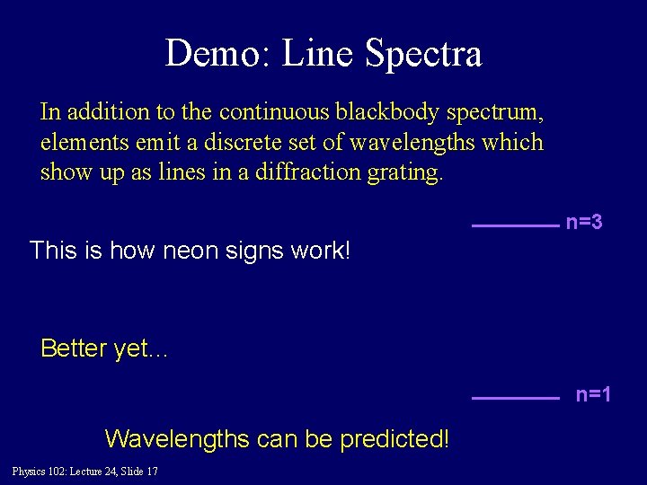 Demo: Line Spectra In addition to the continuous blackbody spectrum, elements emit a discrete