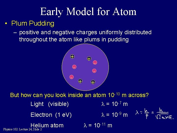 Early Model for Atom • Plum Pudding – positive and negative charges uniformly distributed