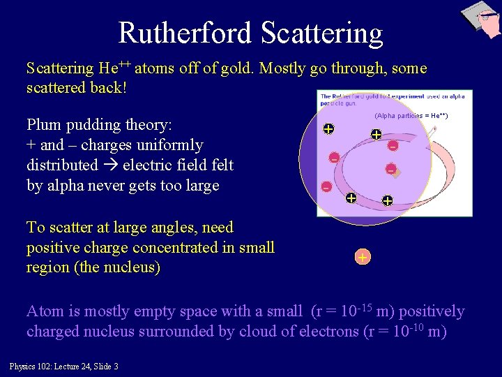 Rutherford Scattering He++ atoms off of gold. Mostly go through, some scattered back! Plum