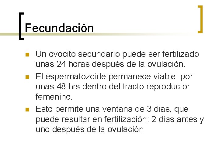 Fecundación n Un ovocito secundario puede ser fertilizado unas 24 horas después de la