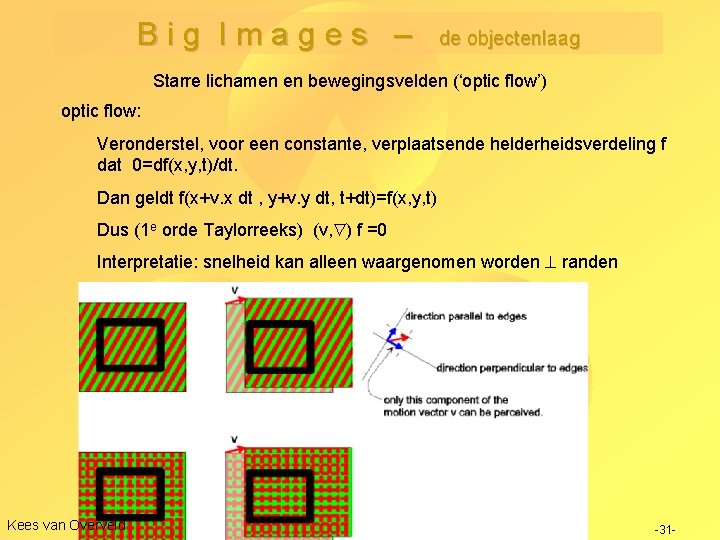 Big Images – de objectenlaag Starre lichamen en bewegingsvelden (‘optic flow’) optic flow: Veronderstel,