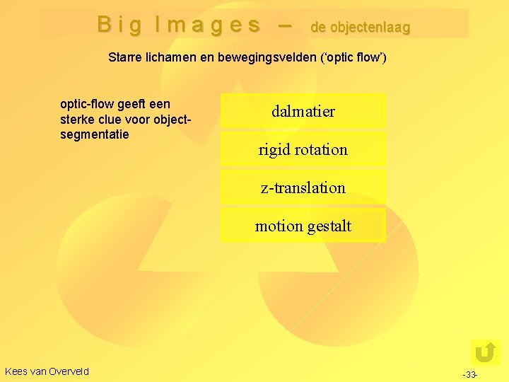 Big Images – de objectenlaag Starre lichamen en bewegingsvelden (‘optic flow’) optic-flow geeft een