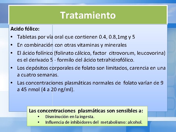 Tratamiento Acido fólico: • Tabletas por vía oral que contienen 0. 4, 0. 8,