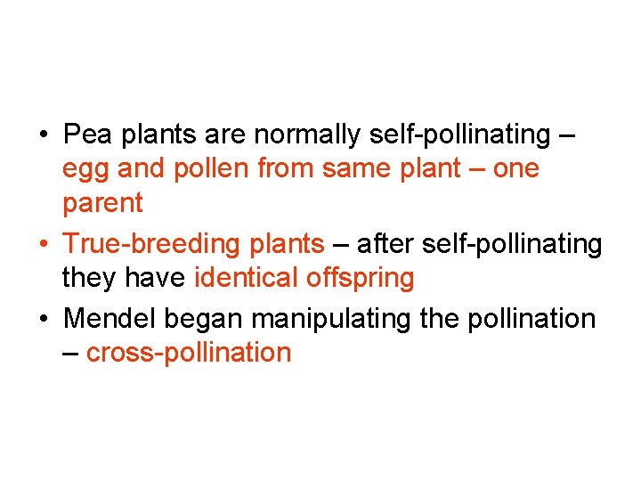  • Pea plants are normally self-pollinating – egg and pollen from same plant