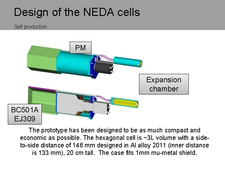 Design of the NEDA cells Self production PM Expansion chamber BC 501 A EJ