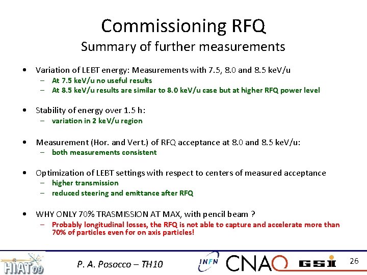 Commissioning RFQ Summary of further measurements • Variation of LEBT energy: Measurements with 7.