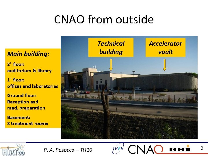 CNAO from outside Main building: Technical building Accelerator vault 2° floor: auditorium & library