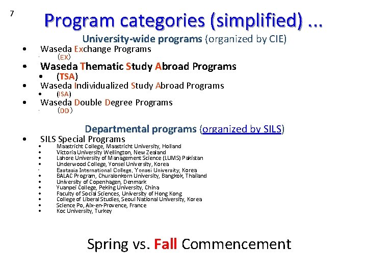 Program categories (simplified). . . 7 • • University-wide programs (organized by CIE) •