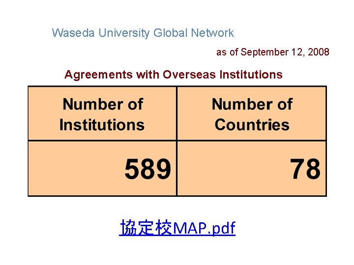 Waseda University Global Network as of September 12, 2008 Agreements with Overseas Institutions 協定校MAP.