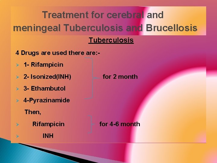 Treatment for cerebral and meningeal Tuberculosis and Brucellosis Tuberculosis 4 Drugs are used there