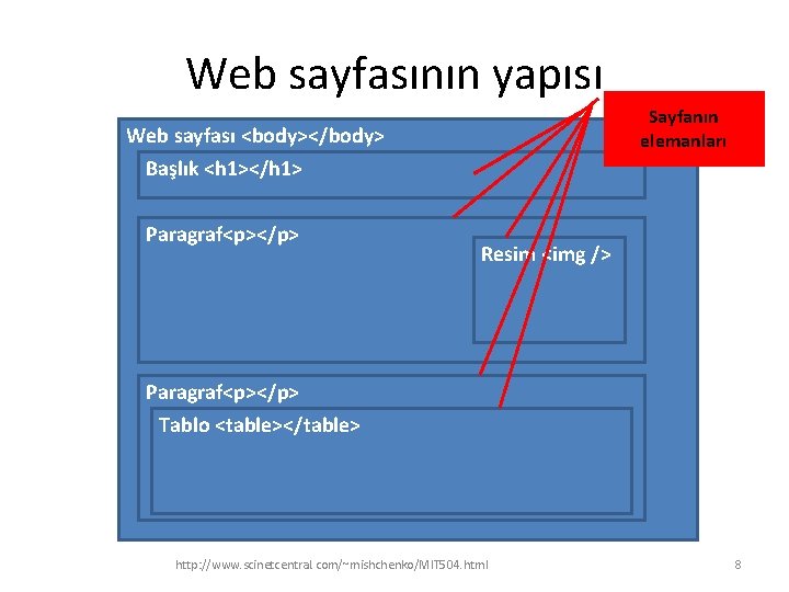 Web sayfasının yapısı Sayfanın elemanları Web sayfası <body></body> Başlık <h 1></h 1> Paragraf<p></p> Resim