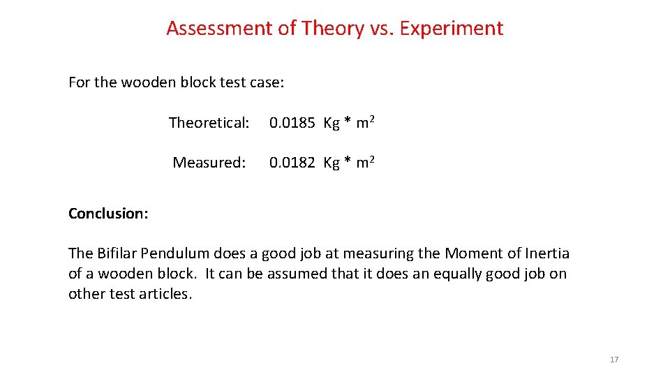 Assessment of Theory vs. Experiment For the wooden block test case: Theoretical: 0. 0185