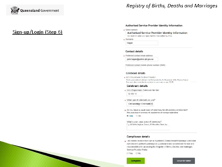 Registry of Births, Deaths and Marriages Sign-up/Login (Step 6) 