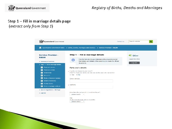 Registry of Births, Deaths and Marriages Step 1 – Fill in marriage details page