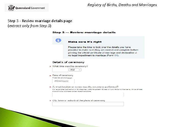 Registry of Births, Deaths and Marriages Step 3 - Review marriage details page (extract
