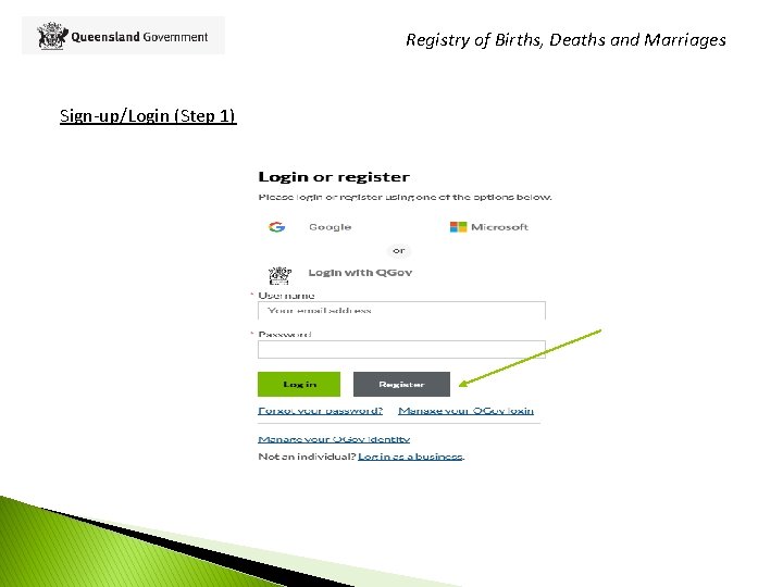 Registry of Births, Deaths and Marriages Sign-up/Login (Step 1) 