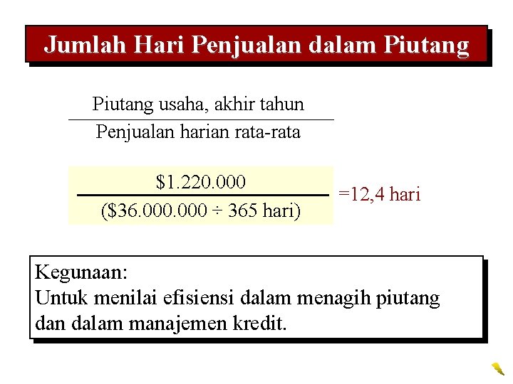 Jumlah Hari Penjualan dalam Piutang usaha, akhir tahun Penjualan harian rata-rata Accounts receivable, $1.