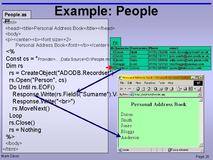 People. as px <html> Example: People <head><title>Personal Address Book</title></head> <body> <p><center><b><font size=+2> Personal Address