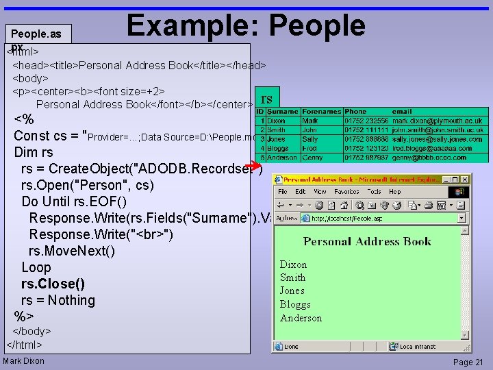 People. as px <html> Example: People <head><title>Personal Address Book</title></head> <body> <p><center><b><font size=+2> Personal Address