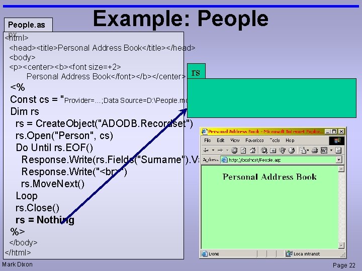 People. as px <html> Example: People <head><title>Personal Address Book</title></head> <body> <p><center><b><font size=+2> Personal Address