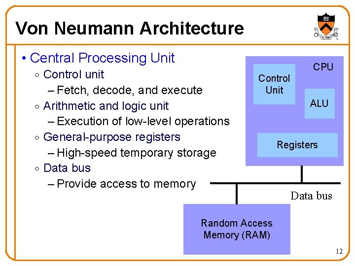 Von Neumann Architecture • Central Processing Unit o Control unit – Fetch, decode, and