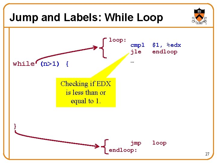 Jump and Labels: While Loop loop: while (n>1) { cmpl jle … $1, %edx