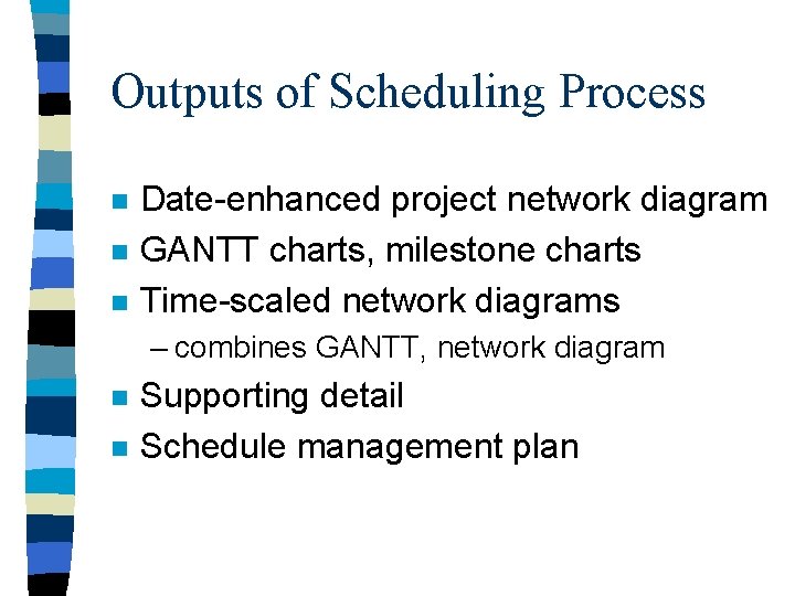 Outputs of Scheduling Process n n n Date-enhanced project network diagram GANTT charts, milestone