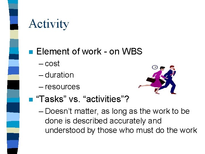 Activity n Element of work - on WBS – cost – duration – resources