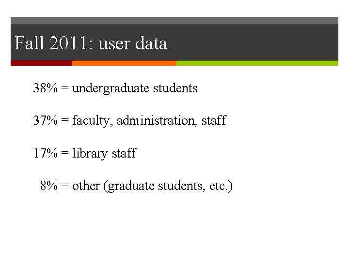 Fall 2011: user data 38% = undergraduate students 37% = faculty, administration, staff 17%