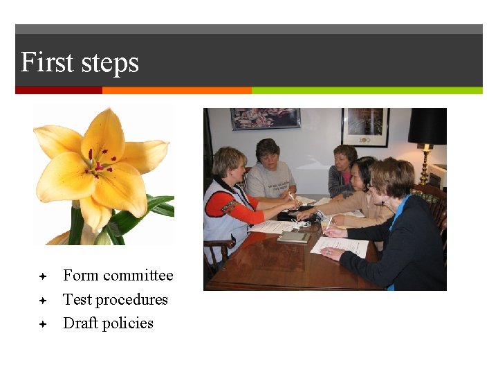 First steps Form committee Test procedures Draft policies 