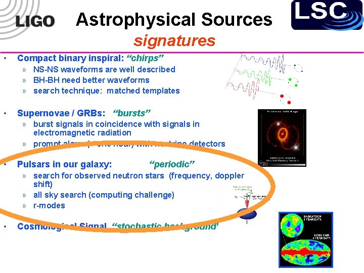 Astrophysical Sources signatures • Compact binary inspiral: “chirps” » NS-NS waveforms are well described