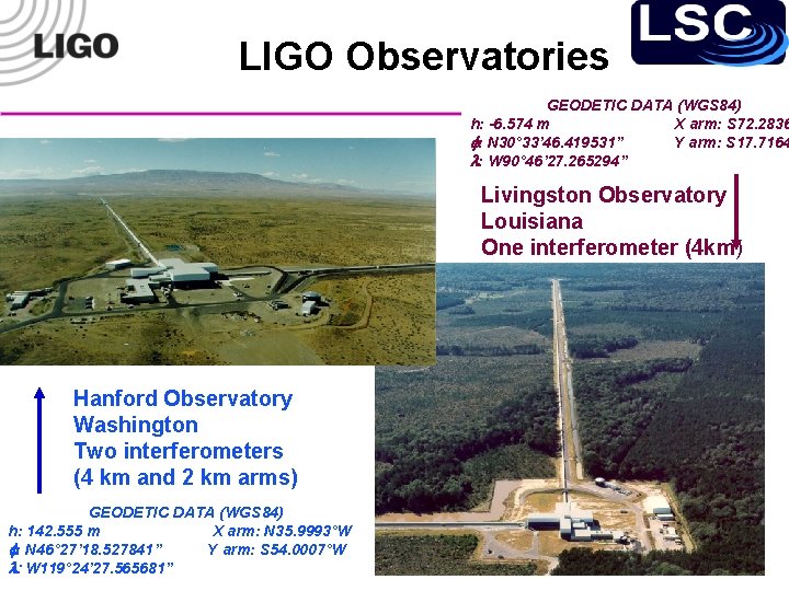 LIGO Observatories GEODETIC DATA (WGS 84) h: -6. 574 m X arm: S 72.