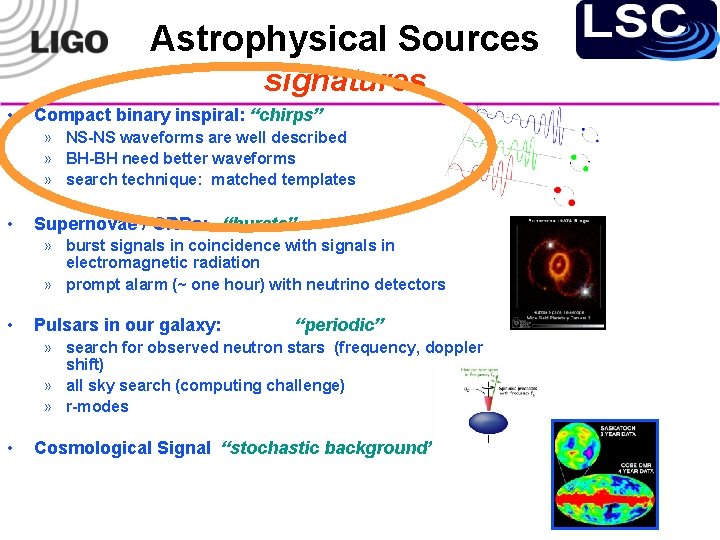 Astrophysical Sources signatures • Compact binary inspiral: “chirps” » NS-NS waveforms are well described