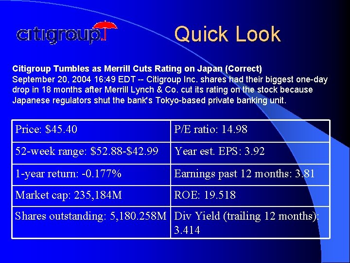 Quick Look Citigroup Tumbles as Merrill Cuts Rating on Japan (Correct) September 20, 2004