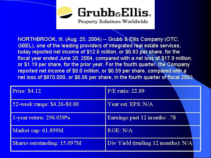 NORTHBROOK, Ill. (Aug. 25, 2004) -- Grubb & Ellis Company (OTC: GBEL), one of