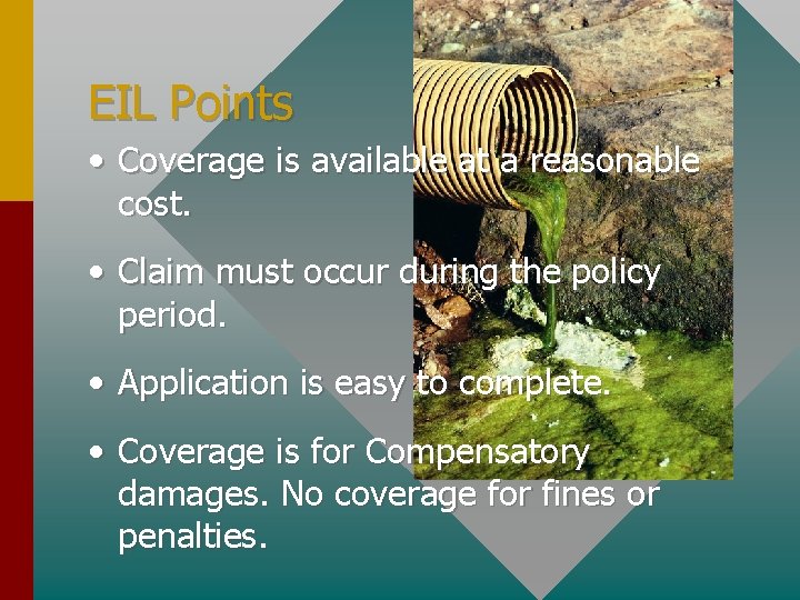 EIL Points • Coverage is available at a reasonable cost. • Claim must occur