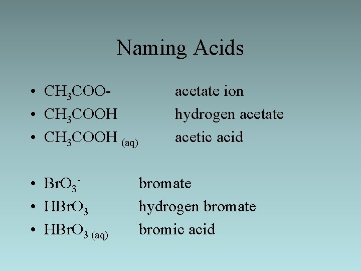 Naming Acids • CH 3 COOH (aq) acetate ion hydrogen acetate acetic acid •