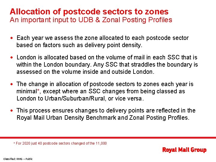 Allocation of postcode sectors to zones An important input to UDB & Zonal Posting