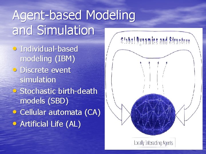Agent-based Modeling and Simulation • Individual-based • • modeling (IBM) Discrete event simulation Stochastic