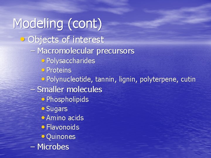 Modeling (cont) • Objects of interest – Macromolecular precursors • Polysaccharides • Proteins •