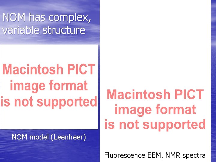 NOM has complex, variable structure NOM model (Leenheer) Fluorescence EEM, NMR spectra 