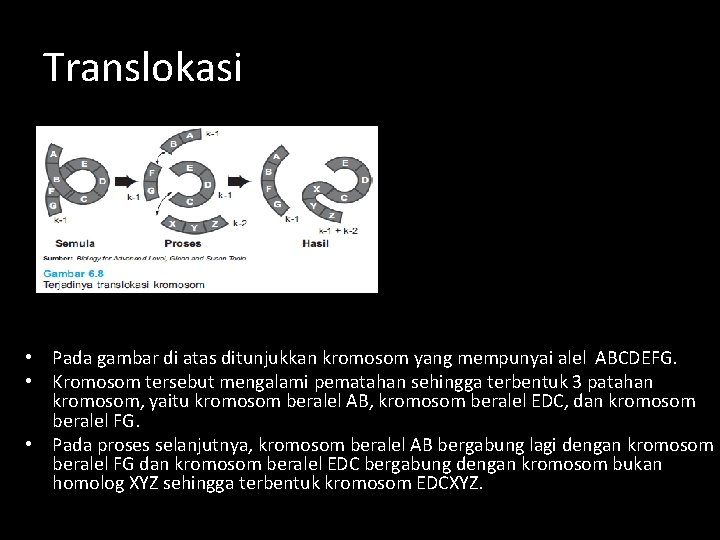 Translokasi • Pada gambar di atas ditunjukkan kromosom yang mempunyai alel ABCDEFG. • Kromosom